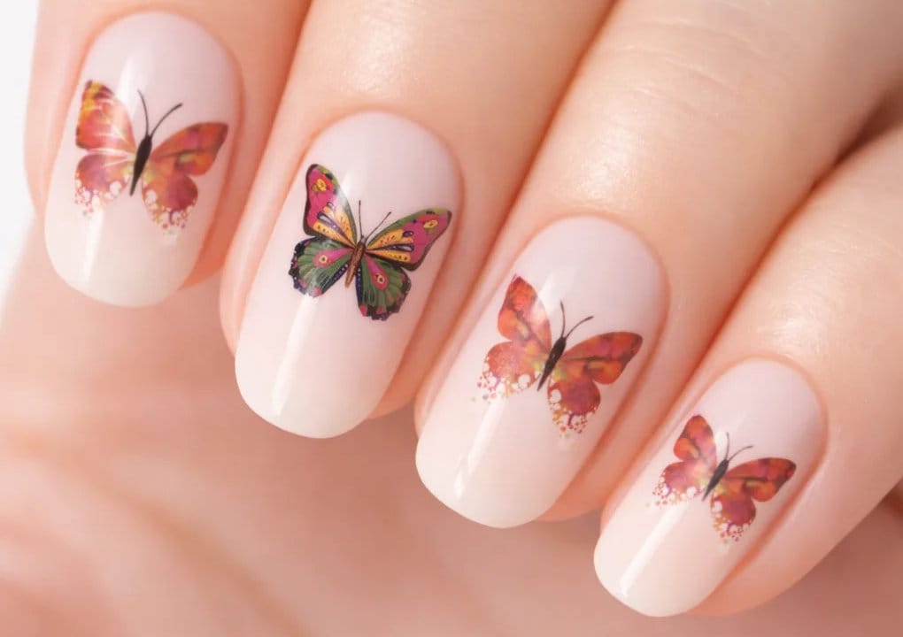 Close-up of four fingernails with pale pink polish, each decorated with colorful butterfly nail art; three butterflies are orange and one is green and pink.
