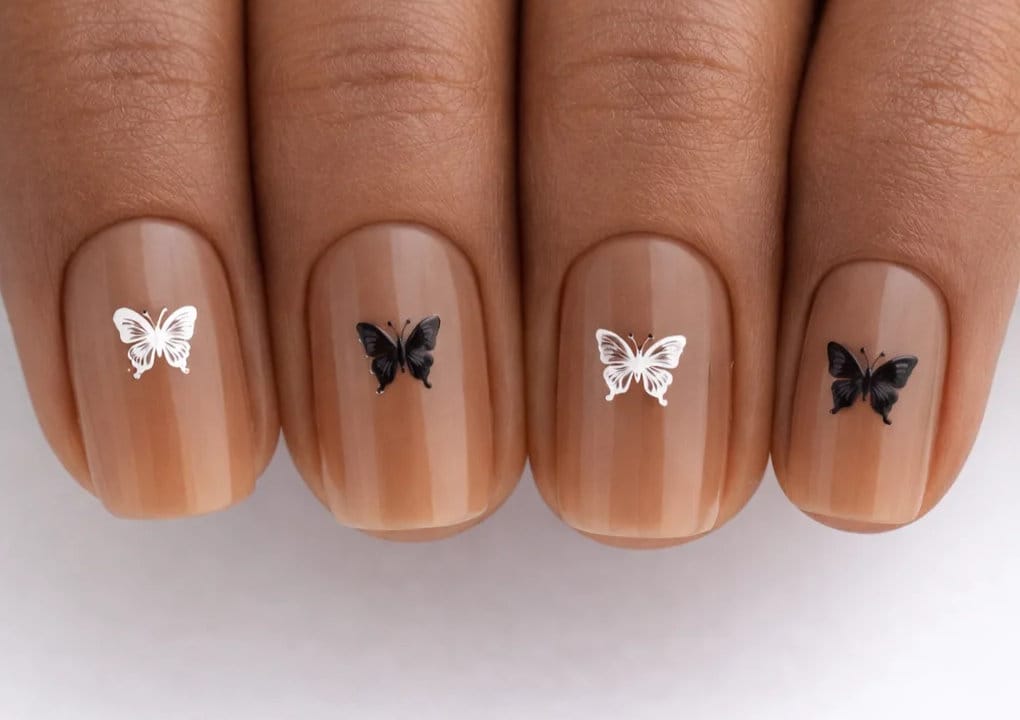 A close-up of four fingernails painted with a nude polish, featuring small black and white butterfly designs on each nail.