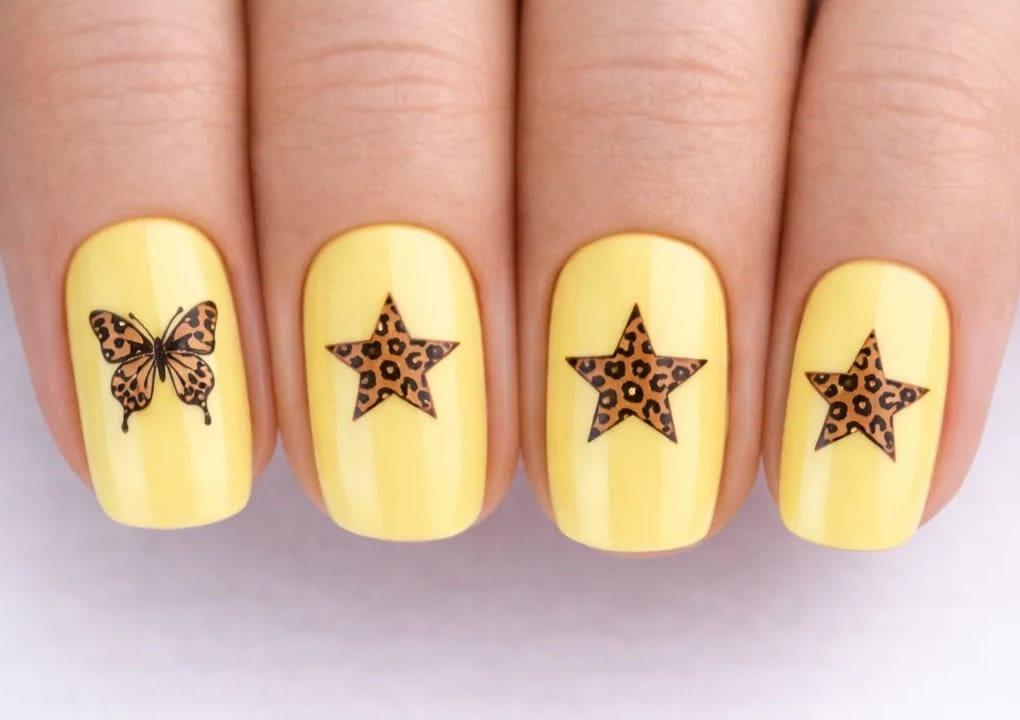 Fingernails painted yellow with black butterfly and leopard print star designs on the nails, shown on four fingers against a white background.