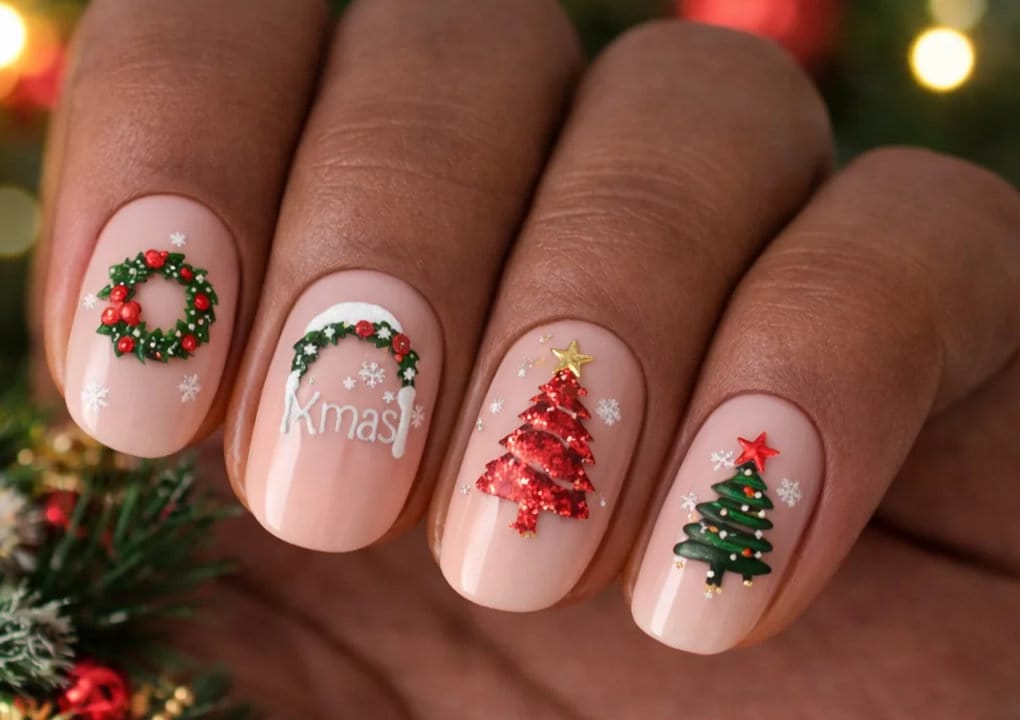 A hand with festive Christmas nail art featuring a wreath, the word Xmas, and two decorated Christmas trees on nude-colored nails, with small white snowflakes as accents.