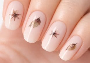A close-up of manicured nails painted with a pale nude varnish, each nail decorated with delicate autumn leaf and star-shaped decals.
