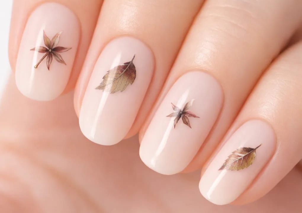 Close-up of a hand with nude-colored nail polish, each nail decorated with delicate autumn leaf and star-shaped decals.