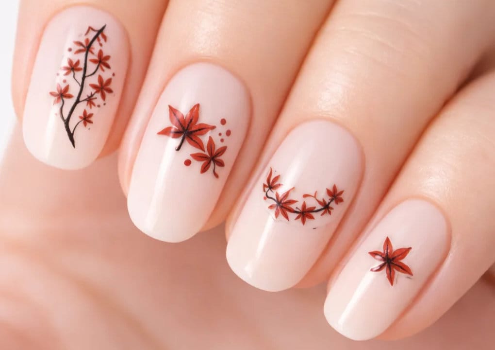 A close-up of fingernails painted with a pale pink polish, each nail decorated with delicate red and black floral designs resembling cherry blossoms.
