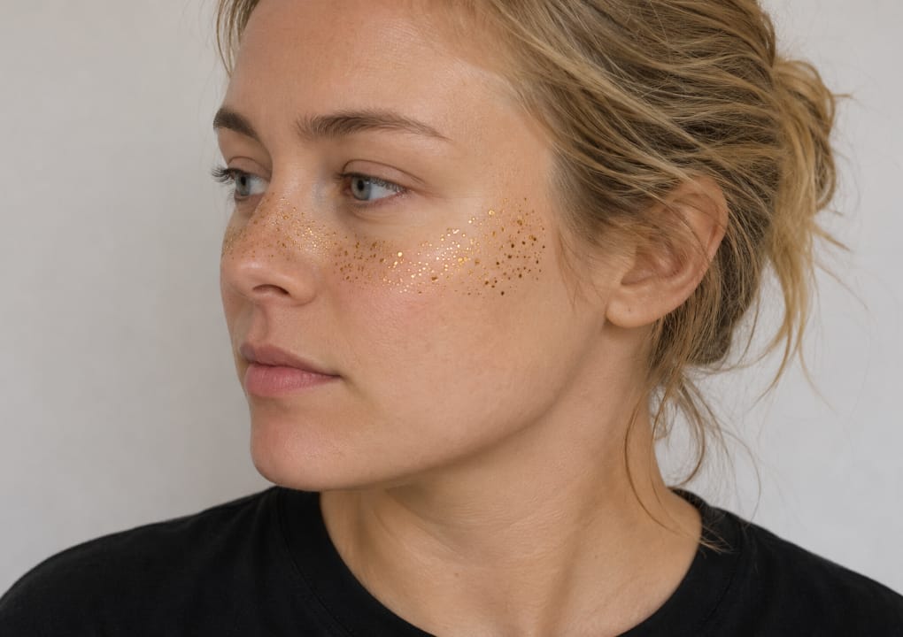 A woman with light skin and blond hair styled in a loose bun looks to the side. She has gold glitter freckles across her nose and cheeks and is wearing a black shirt. The background is plain and light-colored.