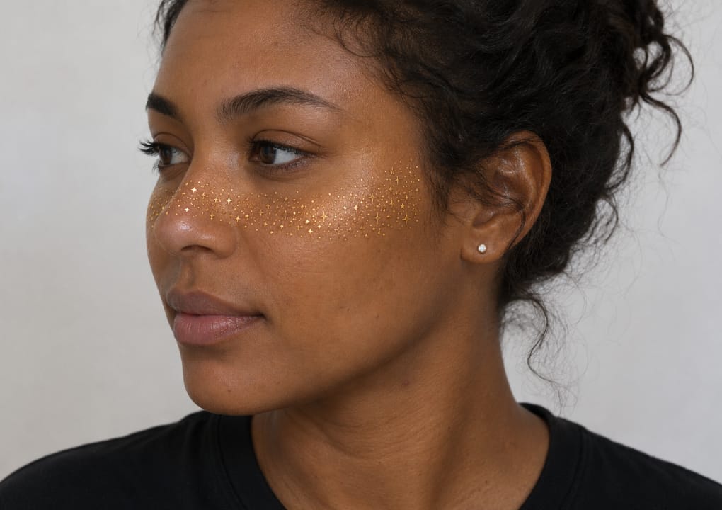 A woman with curly hair looks to the side, wearing a black shirt. Her face features golden glitter freckles across her cheeks and nose. She has stud earrings and a calm expression.