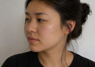 A woman with long dark hair in a messy bun, wearing a black shirt, has fine silver glitter sprinkled across her cheeks and nose. She looks slightly to the side with a neutral expression against a plain background.