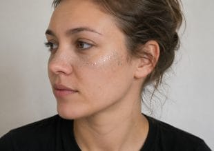A woman with fair skin and brown hair in a loose bun looks to the side. She has silver glitter on her cheeks and under her eyes, and is wearing a black shirt against a plain background.
