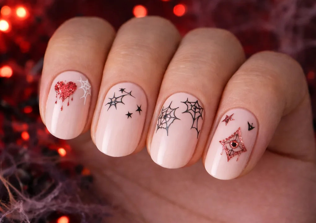 A close-up of a hand with light pink nail polish featuring Halloween-themed nail art, including a red glitter heart, black stars, spider webs, and red-glitter geometric designs with a small eye motif.