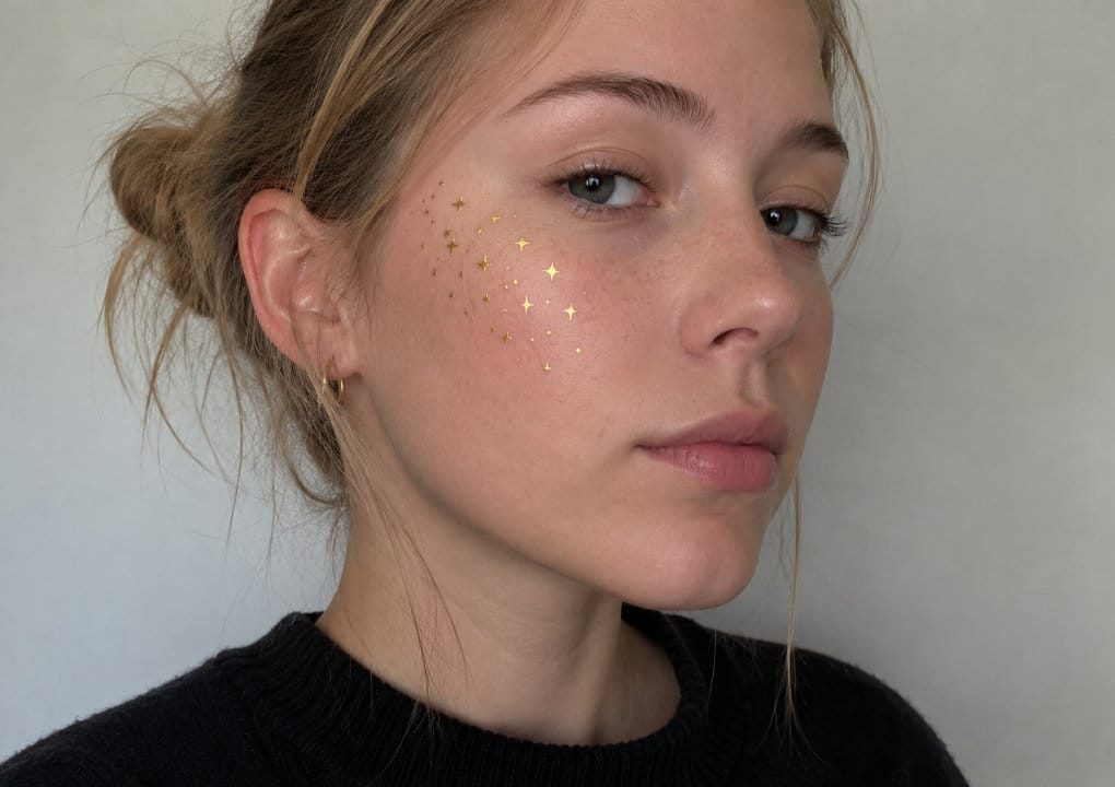 A young woman with light skin and blonde hair tied back wears a black sweater. Gold star stickers are arranged in a pattern on her cheek, and she gazes calmly at the camera against a plain background.
