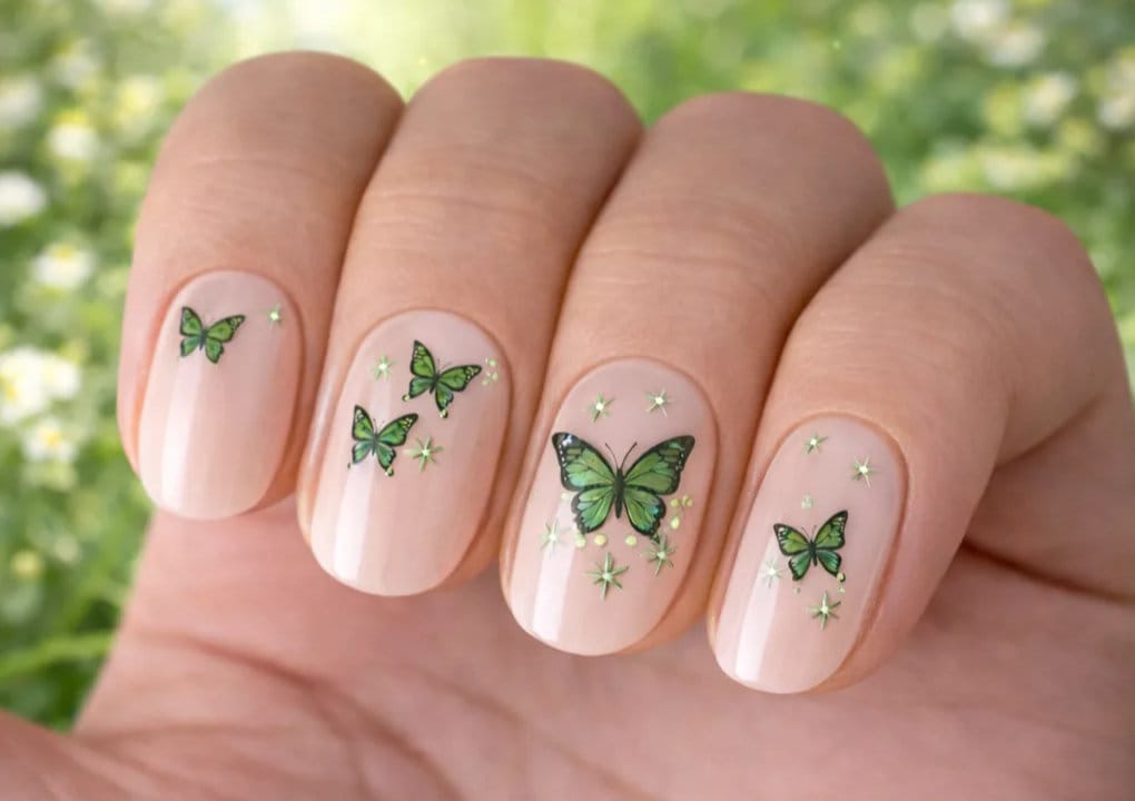 A hand with light nude-colored nails decorated with green butterfly and small star designs, shown against a blurred outdoor background with greenery.
