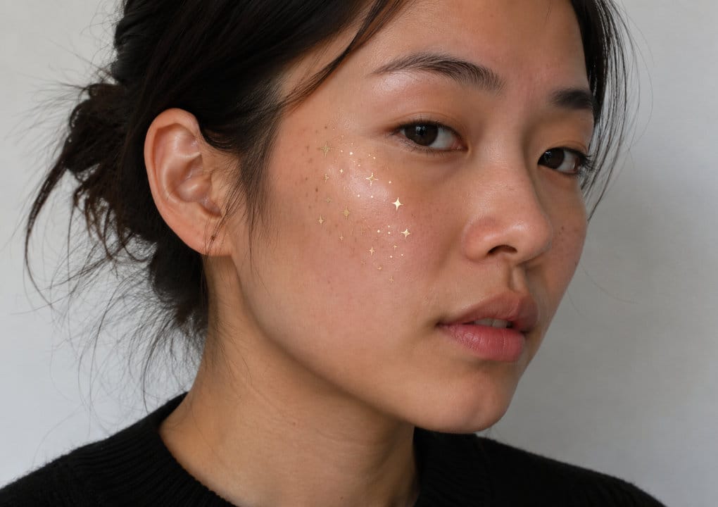 A person with medium skin tone and dark hair tied back looks at the camera. They have gold star-shaped stickers on their cheek and are wearing a black sweater against a plain background.