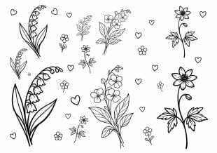 Black and white line drawings of various flowers, leaves, and small hearts scattered across a white background, resembling a floral colouring page or botanical illustration.