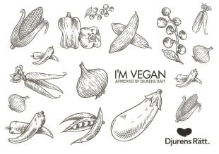 Håndtegnede illustrasjoner av ulike grønnsaker og belgfrukter, blant annet mais, paprika, tomater, løk og en aubergine, med teksten "I'M VEGAN Approved by Djurens Rätt" og en hjertelogo nederst til høyre.