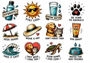 Colourful illustrated icons with summer safety tips: hydrate, stay cool, drink water, be kind to animals, seek shade, wear a hat, don’t forget pets, use suncream, take it easy, care for pets, slow down, provide water for animals.